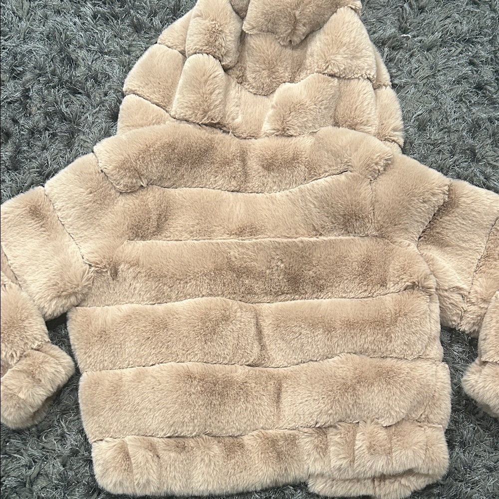 BCBGMaxAzria Plush Hooded Puffer Jacket in Beige - Picture 7 of 8